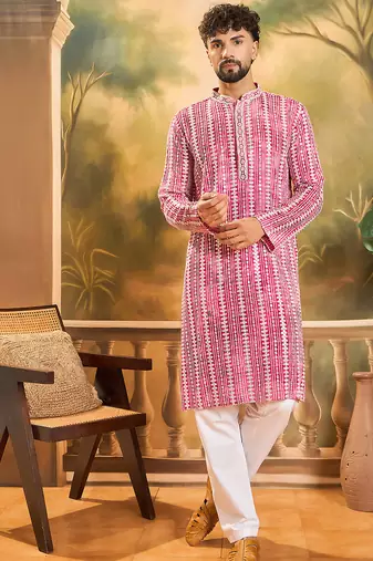 Men red viscose rayon shibori embroidered straight kurta