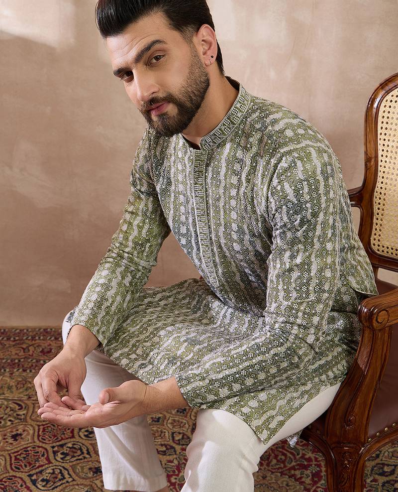 Men green silk blend printed mandarin collar straight kurta with trouser