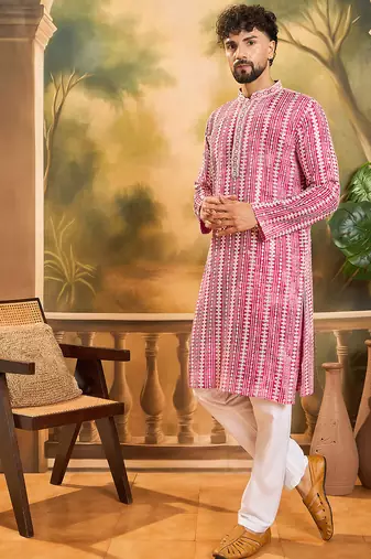Men red viscose rayon shibori embroidered straight kurta