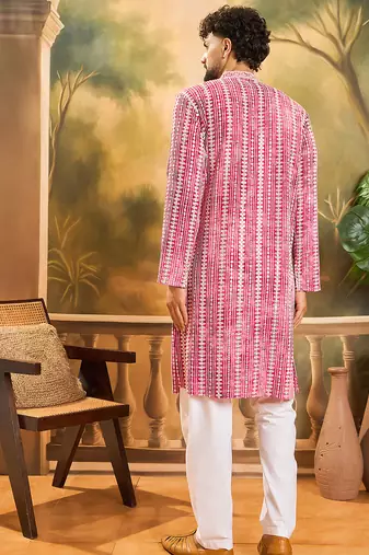 Men red viscose rayon shibori embroidered straight kurta