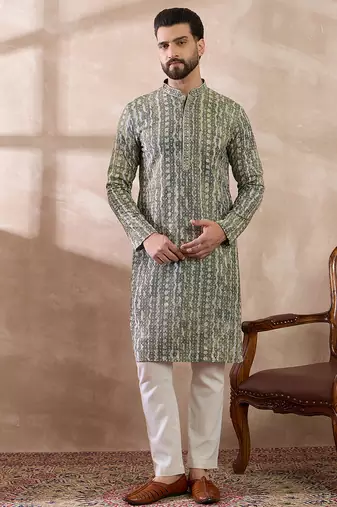 Men green silk blend printed mandarin collar straight kurta with trouser