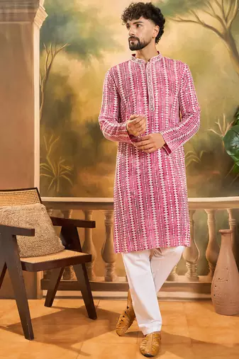 Men red viscose rayon shibori embroidered straight kurta