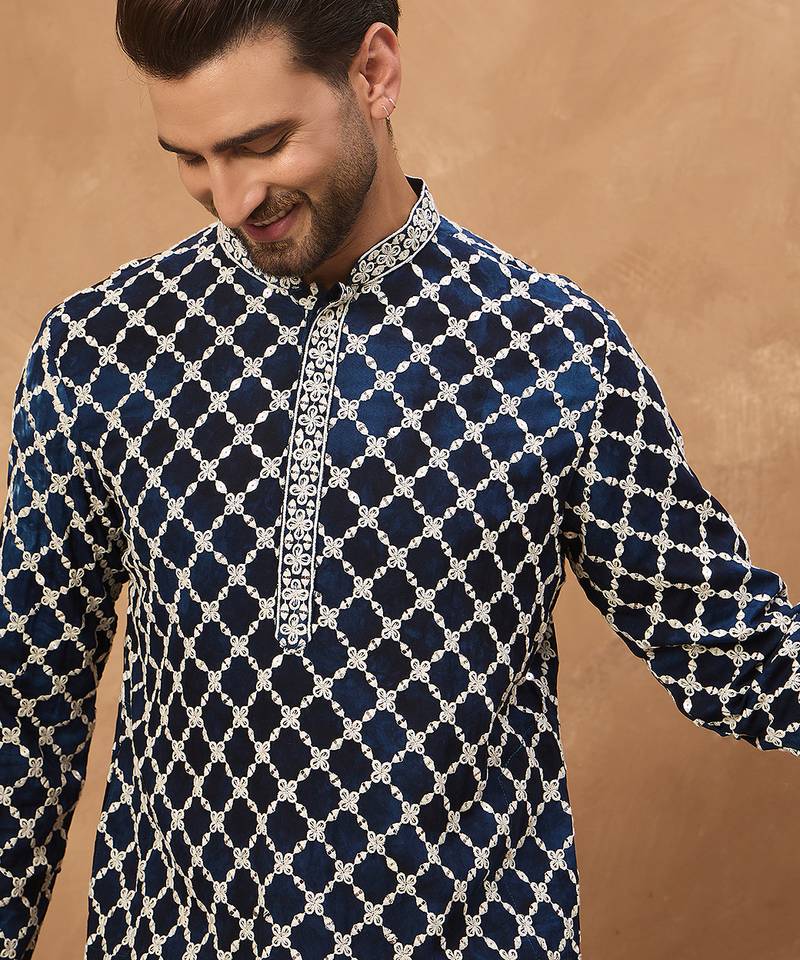 Men blue viscose rayon shibori embroidered straight kurta