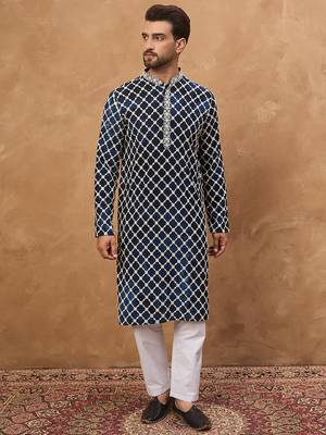Men blue viscose rayon shibori embroidered straight kurta 2