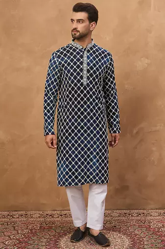 Men blue viscose rayon shibori embroidered straight kurta