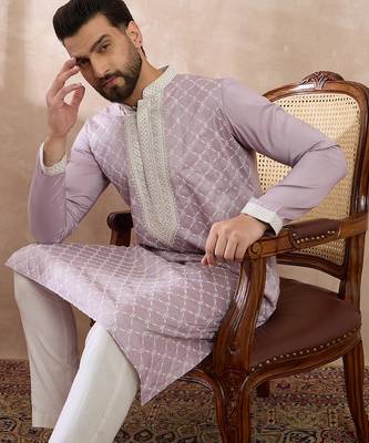 Men lavender silk blend embroidered mandarin collar straight kurta with trouser 1