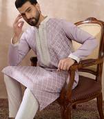 Men lavender silk blend embroidered mandarin collar straight kurta with trouser