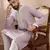 Men lavender silk blend embroidered mandarin collar straight kurta with trouser