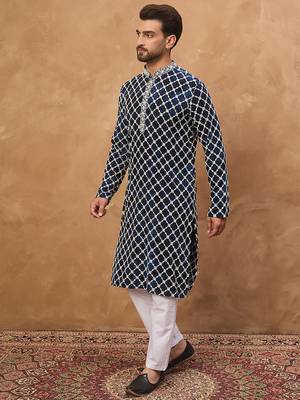 Men blue viscose rayon shibori embroidered straight kurta 3