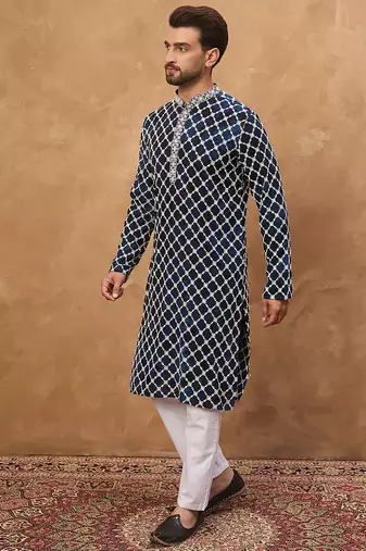 Men blue viscose rayon shibori embroidered straight kurta