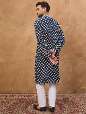 Men blue viscose rayon shibori embroidered straight kurta 4