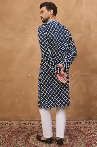 Men blue viscose rayon shibori embroidered straight kurta