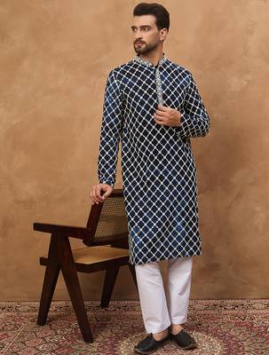 Men blue viscose rayon shibori embroidered straight kurta 5