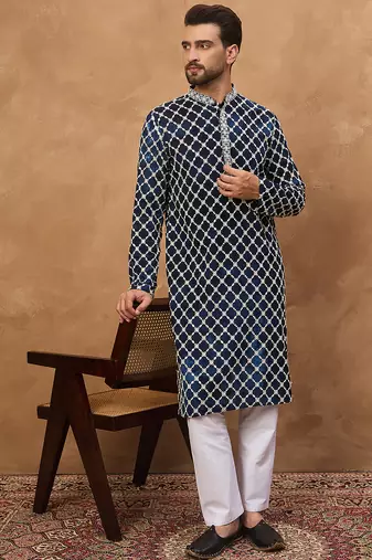 Men blue viscose rayon shibori embroidered straight kurta
