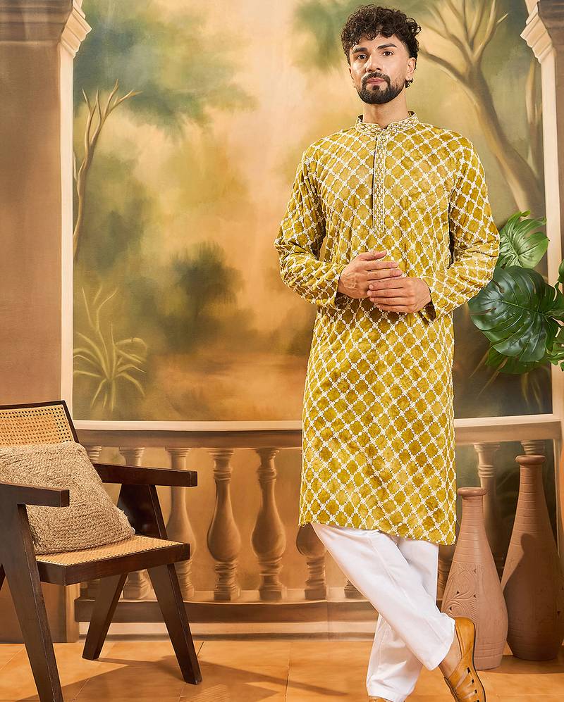 Men yellow viscose rayon shibori embroidered straight kurta