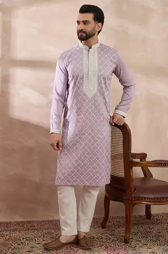Men lavender silk blend embroidered mandarin collar straight kurta with trouser