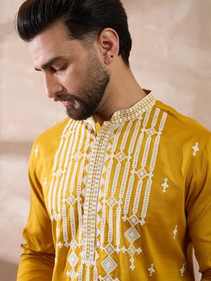 Men yellow silk blend embroidered mandarin collar straight kurta with trouser 1
