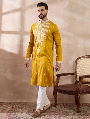 Men yellow silk blend embroidered mandarin collar straight kurta with trouser 3