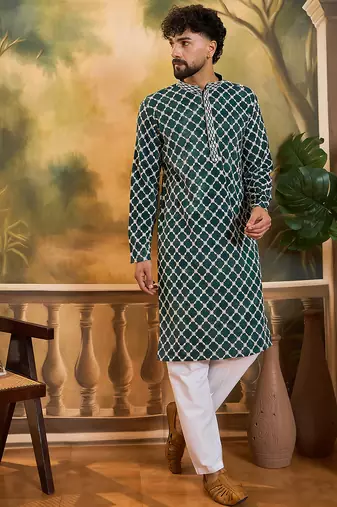 Men teal viscose rayon shibori embroidered straight kurta
