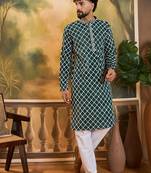 Men teal viscose rayon shibori embroidered straight kurta