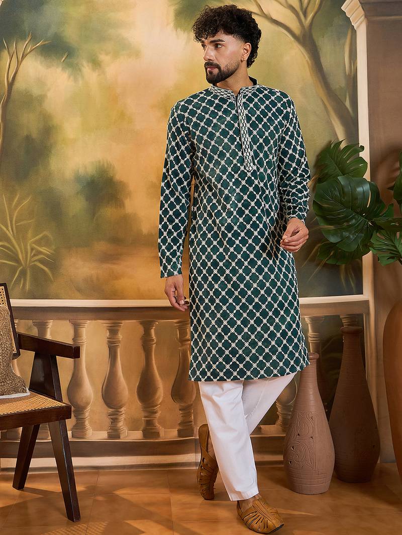 Men teal viscose rayon shibori embroidered straight kurta