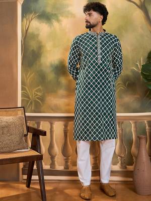Men teal viscose rayon shibori embroidered straight kurta 2