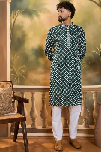 Men teal viscose rayon shibori embroidered straight kurta