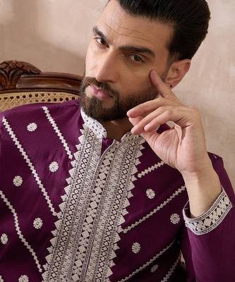 Men purple silk blend embroidered mandarin collar straight kurta with trouser 1
