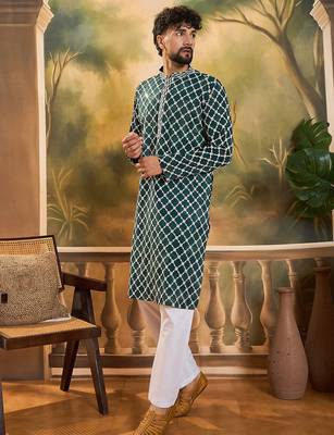 Men teal viscose rayon shibori embroidered straight kurta 3