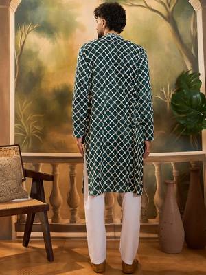 Men teal viscose rayon shibori embroidered straight kurta 4