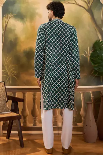 Men teal viscose rayon shibori embroidered straight kurta