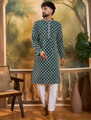 Men teal viscose rayon shibori embroidered straight kurta 5
