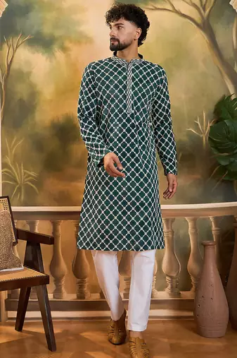 Men teal viscose rayon shibori embroidered straight kurta