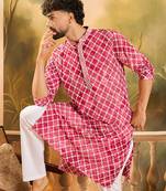 Men red viscose rayon shibori embroidered straight kurta