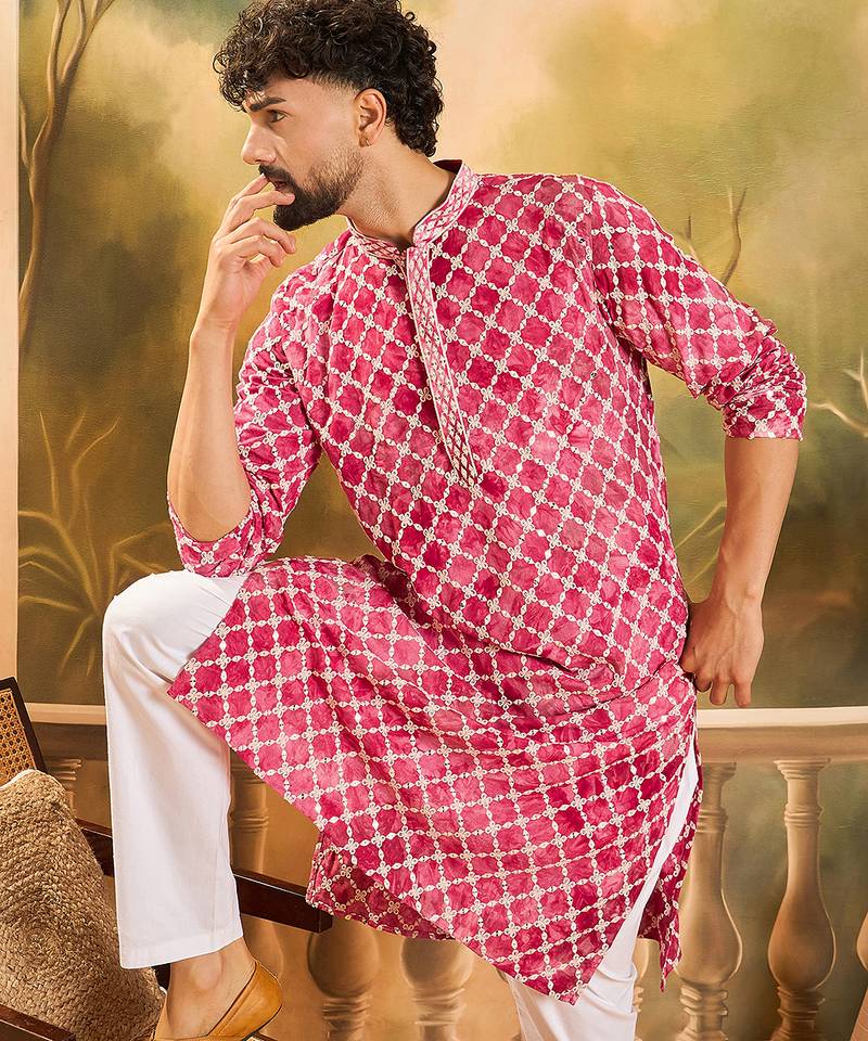 Men red viscose rayon shibori embroidered straight kurta