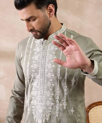 Men green silk blend embroidered mandarin collar straight kurta with trouser 1