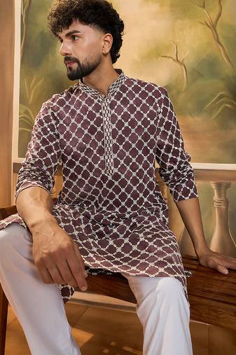 Men purple viscose rayon shibori embroidered straight kurta