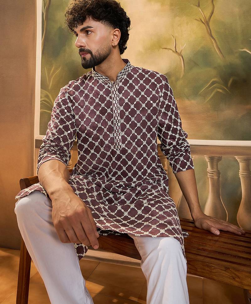 Men purple viscose rayon shibori embroidered straight kurta