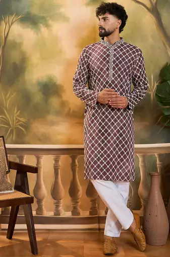 Men purple viscose rayon shibori embroidered straight kurta