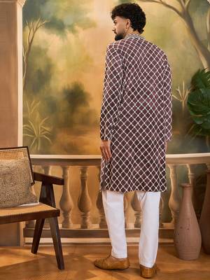 Men purple viscose rayon shibori embroidered straight kurta 4