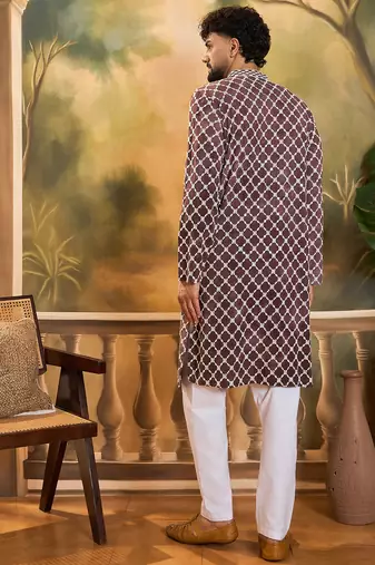 Men purple viscose rayon shibori embroidered straight kurta