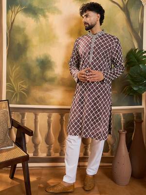 Men purple viscose rayon shibori embroidered straight kurta 5