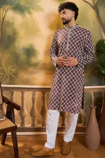 Men purple viscose rayon shibori embroidered straight kurta
