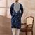 Men navy blue silk blend embroidered mandarin collar straight kurta with trouser