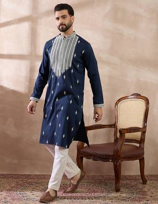 Men navy blue silk blend embroidered mandarin collar straight kurta with trouser 5