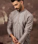 Men grey silk blend solid embroidered straight kurta