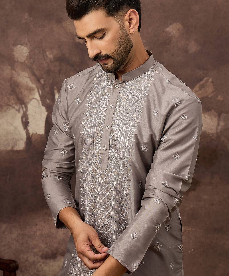 Men grey silk blend solid embroidered straight kurta