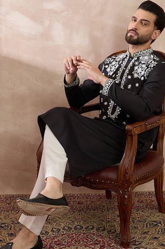 Men black silk blend embroidered mandarin collar straight kurta with trouser