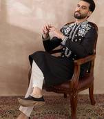 Men black silk blend embroidered mandarin collar straight kurta with trouser