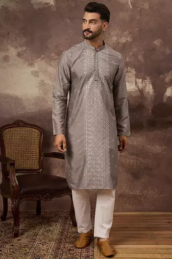 Men grey silk blend solid embroidered straight kurta